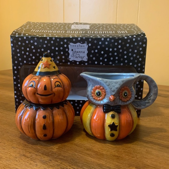 johanna parker Other - Halloween sugar and creamer set NIB Orange Black Gray Yellow pumpkin and owl